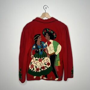 Vintage Garcia Galinos Souvenir Jacket Womens Medium Red Mexican Folk Art 50s